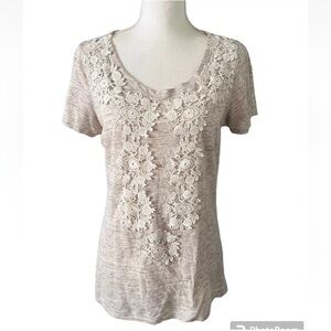 Sundance Women's Linen Top Brown Oatmeal Crochet Short Sleeve Size S